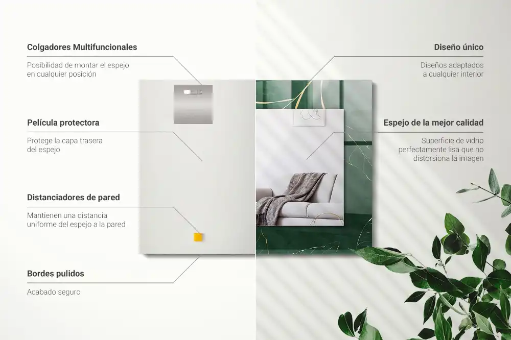 Specchio rettangolare con cornice stampata Foglie verdi dorate