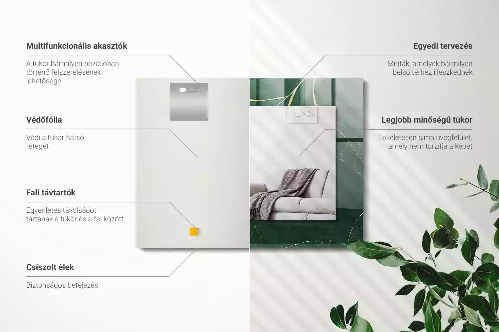 Specchio rettangolare con cornice stampata Foglie verdi dorate