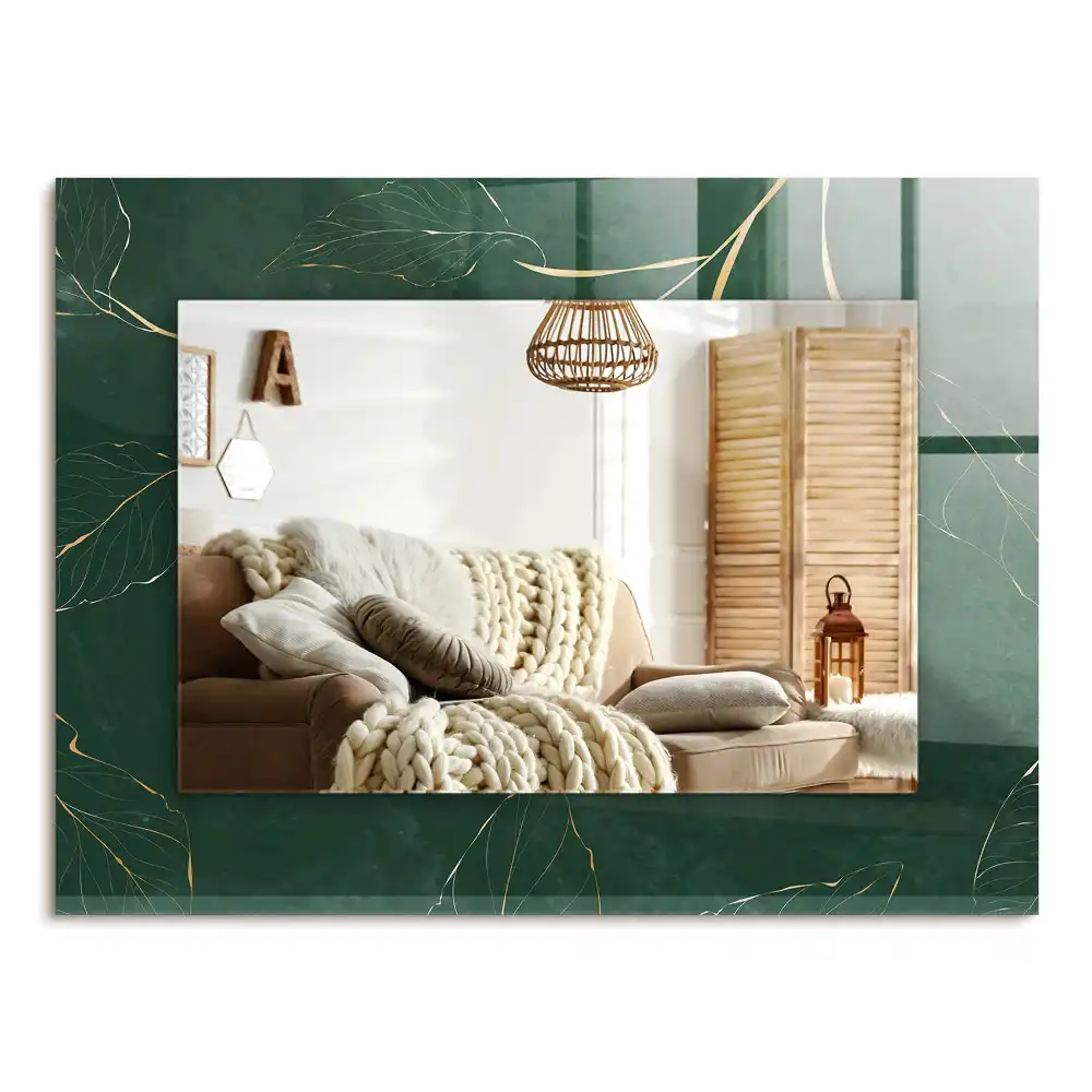 Specchio rettangolare con cornice stampata Foglie verdi dorate