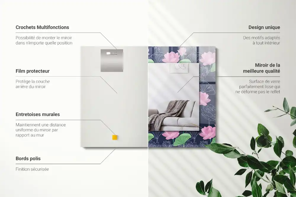 Specchio rettangolare con cornice stampata Fiori di loto rosa