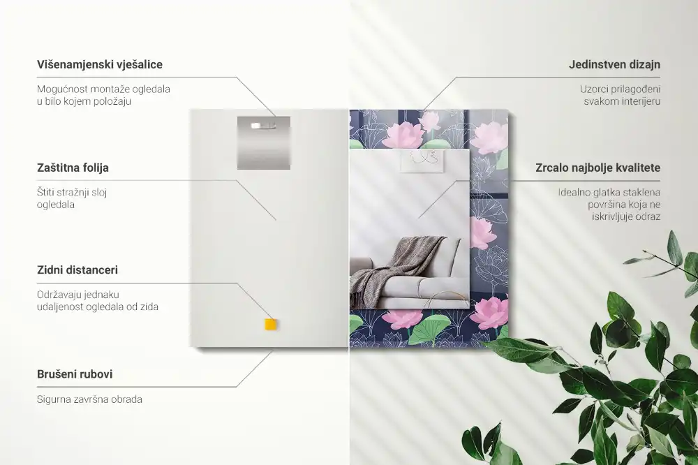 Specchio rettangolare con cornice stampata Fiori di loto rosa