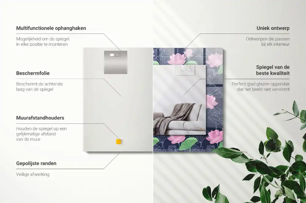 Specchio rettangolare con cornice stampata Fiori di loto rosa