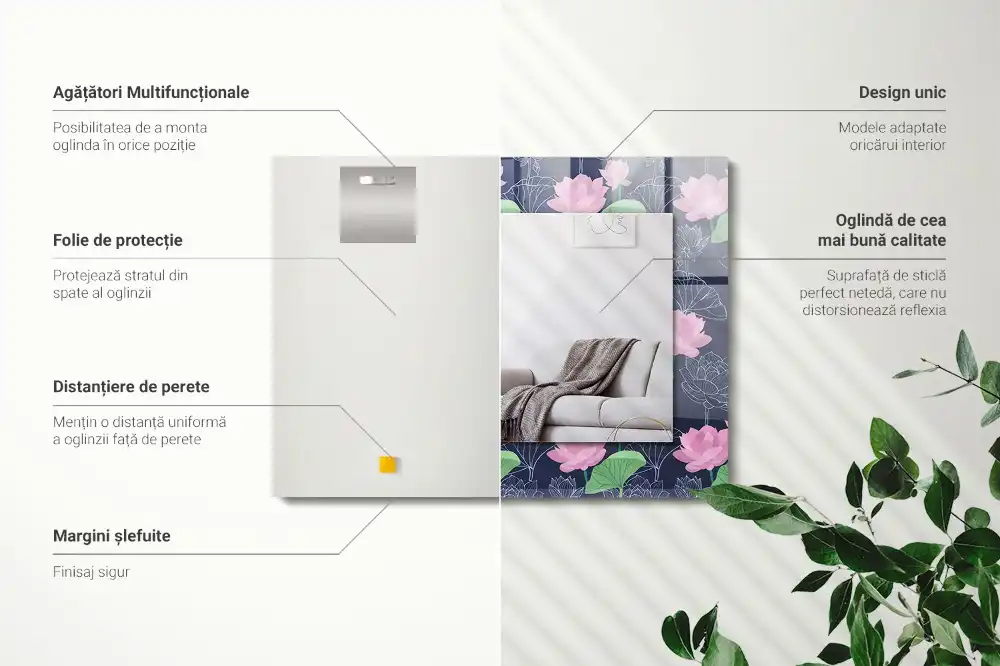 Specchio rettangolare con cornice stampata Fiori di loto rosa