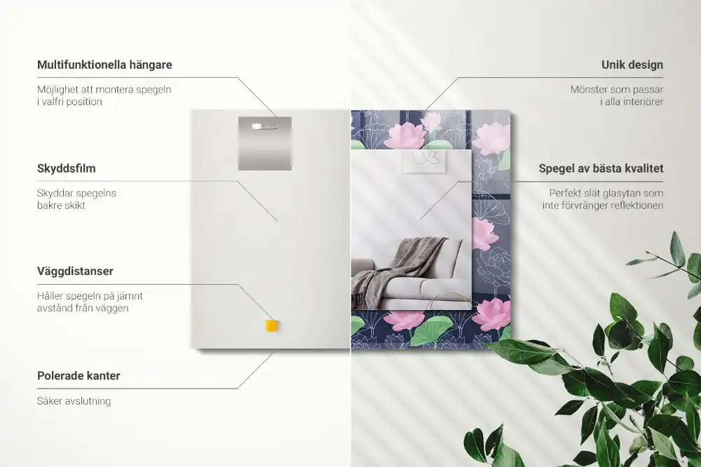 Specchio rettangolare con cornice stampata Fiori di loto rosa