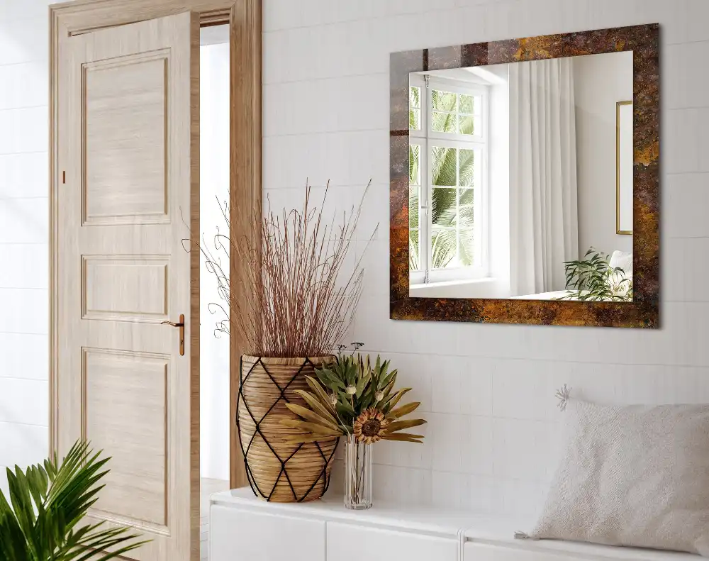 Specchio rettangolare decoro superficie metallica arrugginita