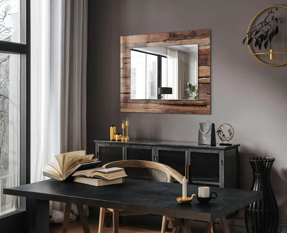 Specchio rettangolare con cornice stampata Parete in pannelli di legno