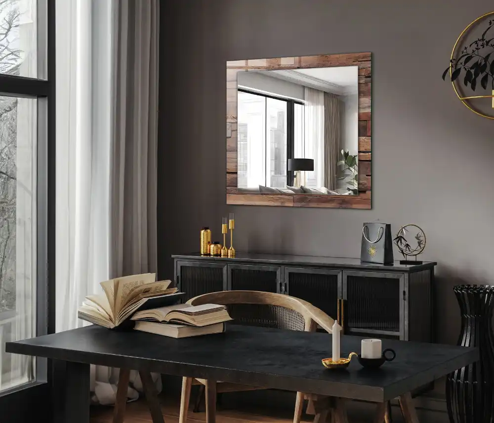 Specchio rettangolare con cornice stampata Parete in pannelli di legno
