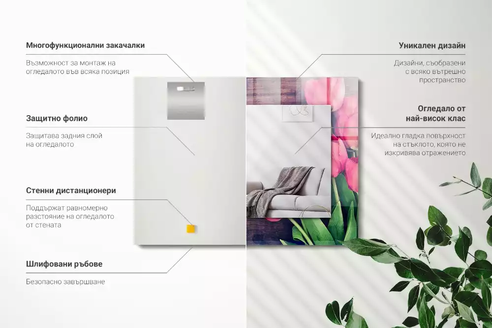 Specchio rettangolare decoro Tulipani rosa in legno