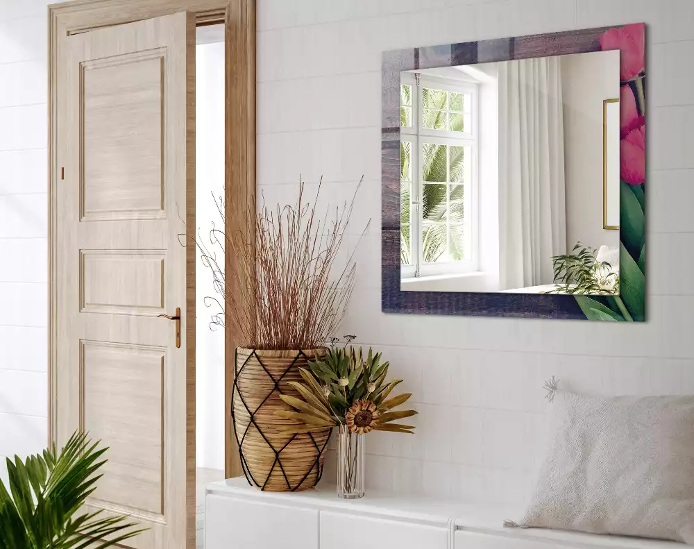 Specchio rettangolare decoro Tulipani rosa in legno