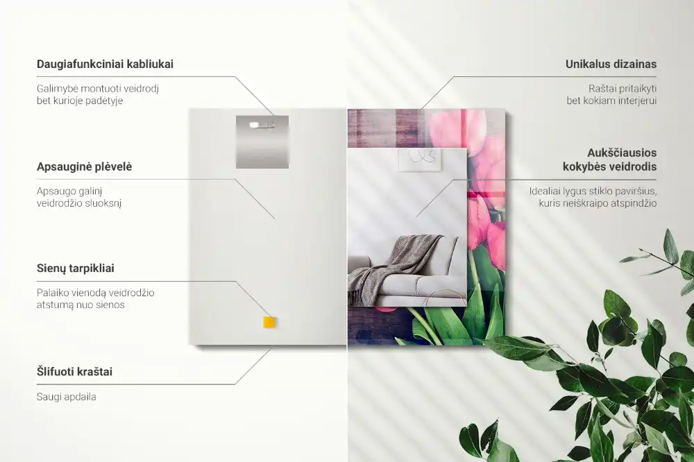 Specchio rettangolare decoro Tulipani rosa in legno