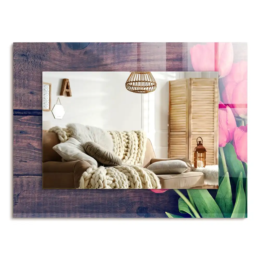 Specchio rettangolare decoro Tulipani rosa in legno