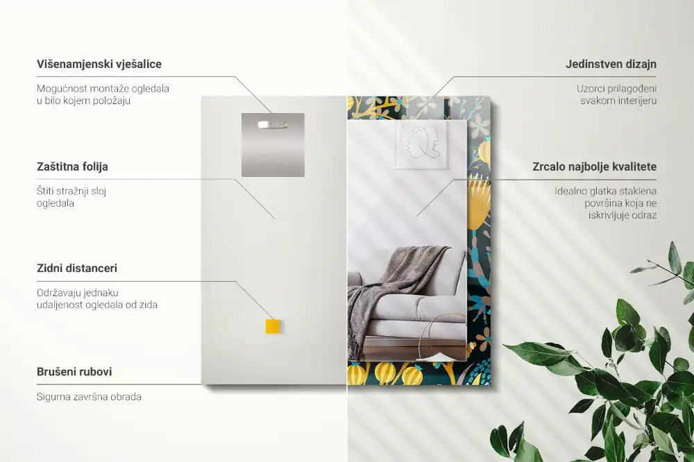 Specchio rettangolare con cornice stampata Motivi di fiori e foglie