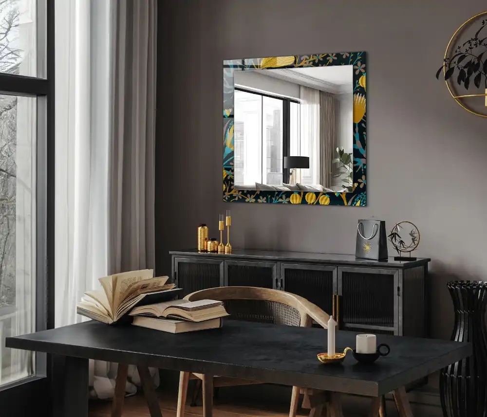 Specchio rettangolare con cornice stampata Motivi di fiori e foglie