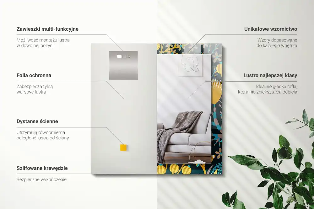 Specchio rettangolare con cornice stampata Motivi di fiori e foglie