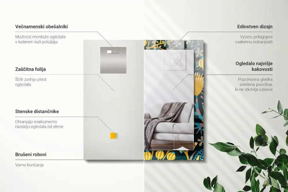 Specchio rettangolare con cornice stampata Motivi di fiori e foglie