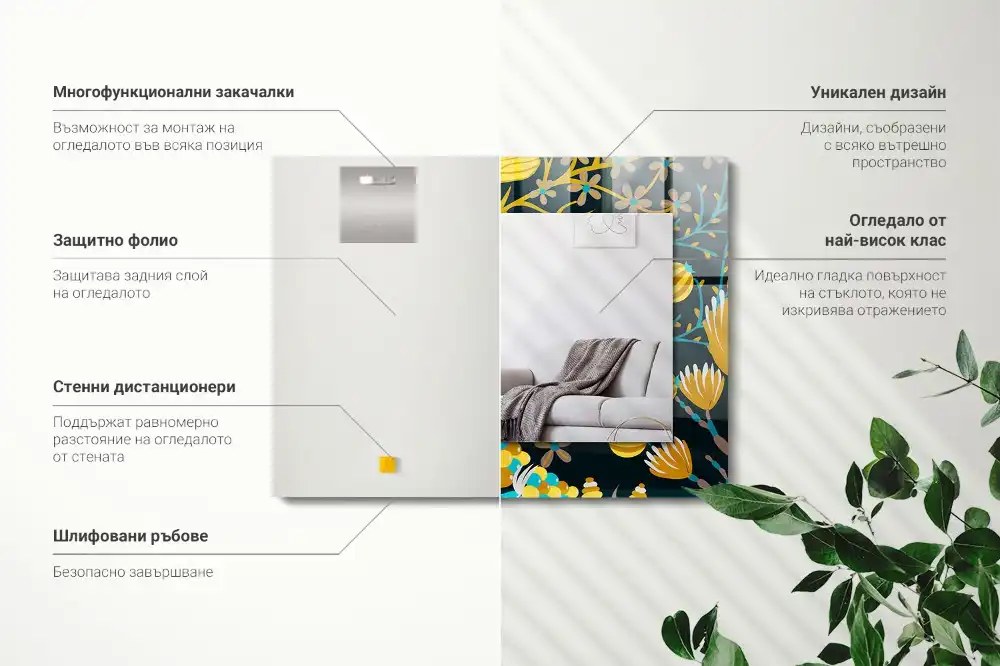 Specchio rettangolare con cornice stampata Motivi di fiori e foglie