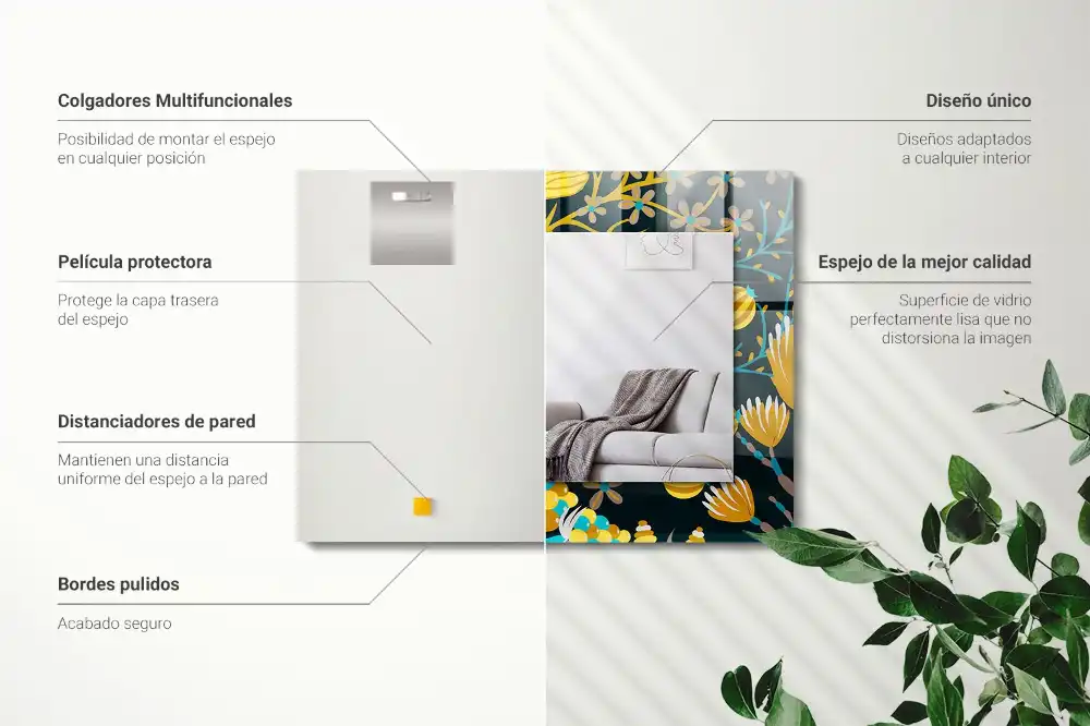 Specchio rettangolare con cornice stampata Motivi di fiori e foglie