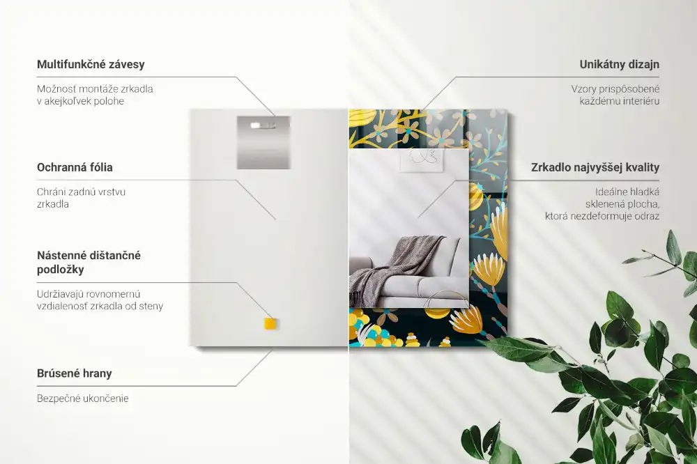 Specchio rettangolare con cornice stampata Motivi di fiori e foglie