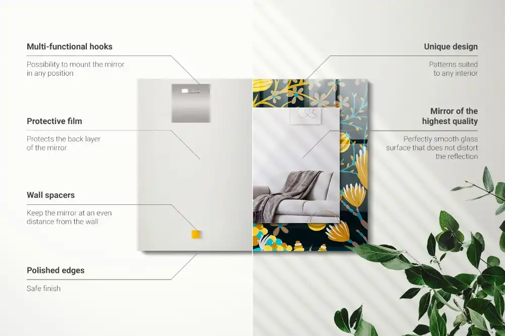 Specchio rettangolare con cornice stampata Motivi di fiori e foglie