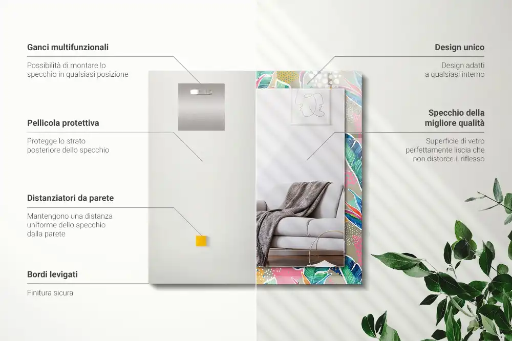 Specchio rettangolare stampato Fiori e foglie