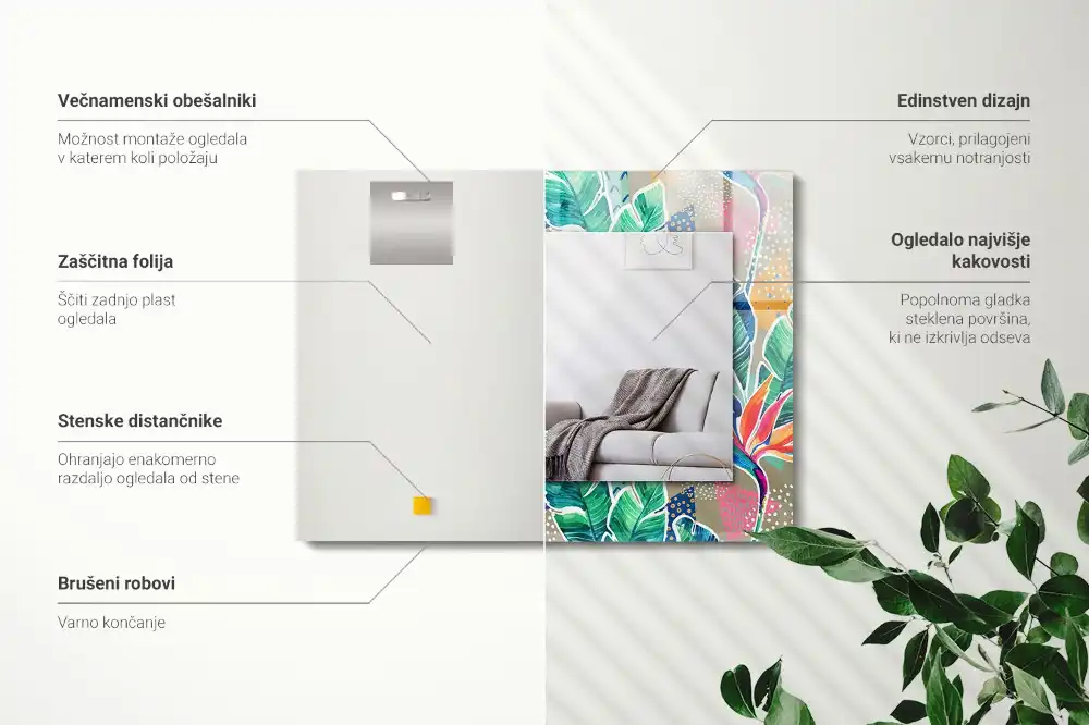 Specchio rettangolare stampato Fiori e foglie