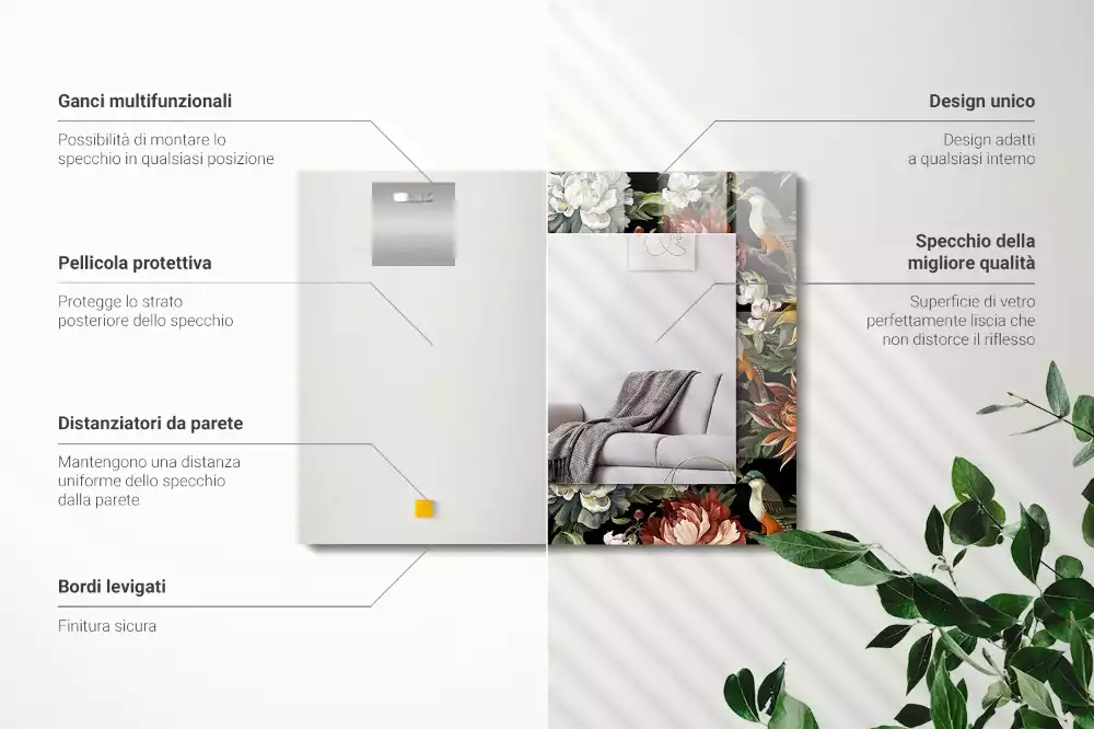 Specchio rettangolare decoro Fiori e uccelli