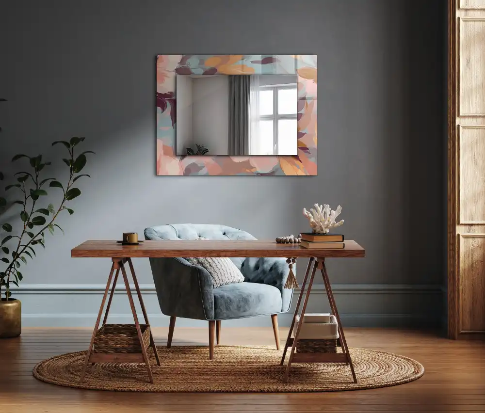 Specchio rettangolare con cornice stampata Fiori foglie pastello