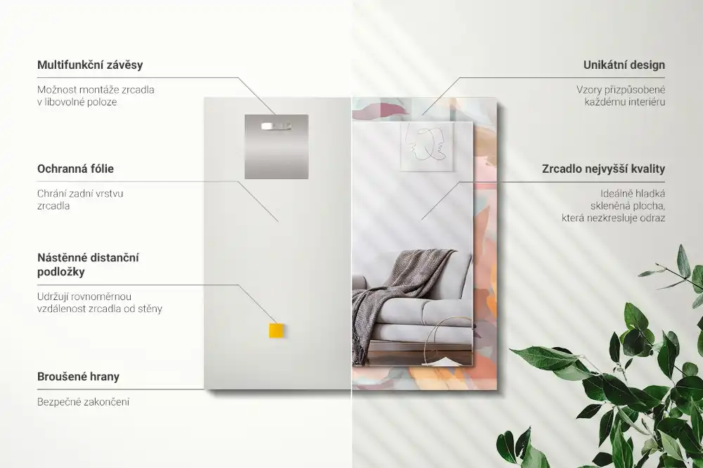 Specchio rettangolare con cornice stampata Fiori foglie pastello