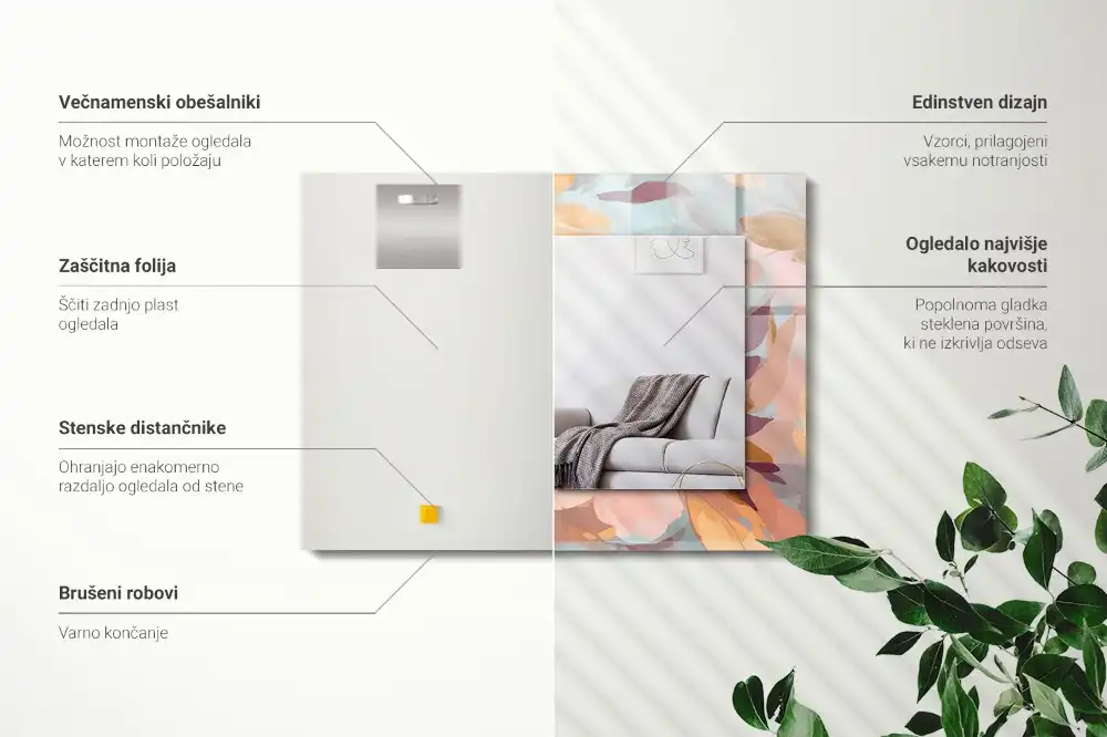 Specchio rettangolare con cornice stampata Fiori foglie pastello