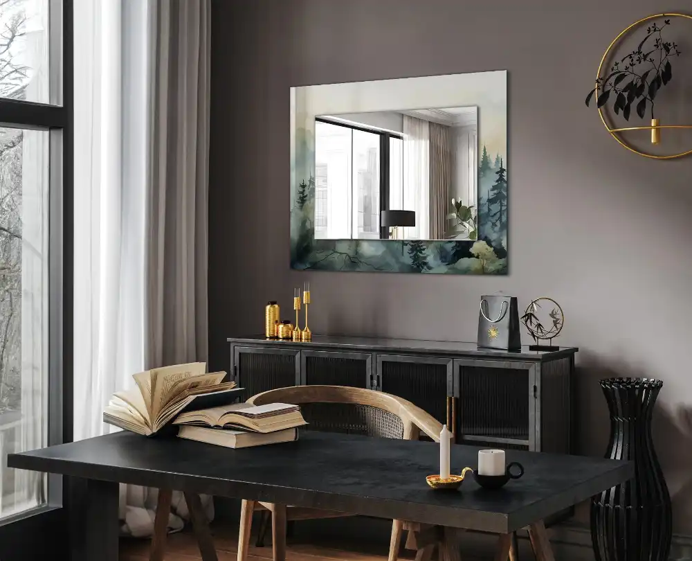 Specchio rettangolare stampato Foresta nella nebbia