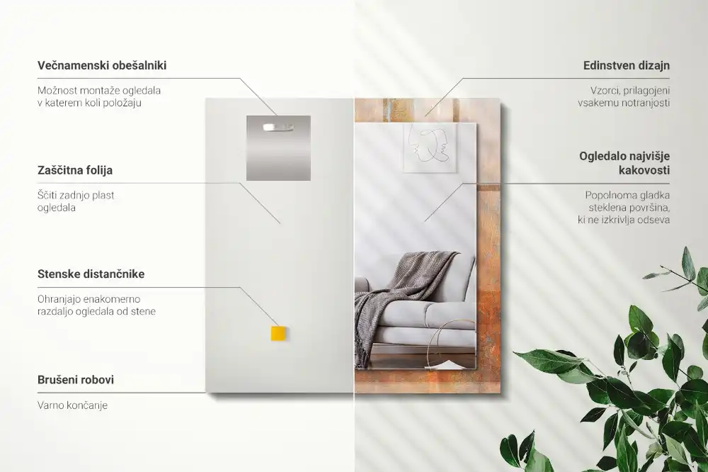 Specchio rettangolare con cornice stampata Superficie metallica arrugginita