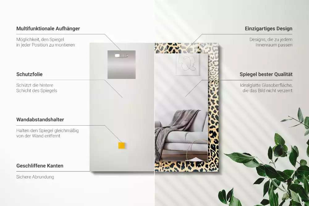 Specchio rettangolare con cornice stampata Pantera del leopardo
