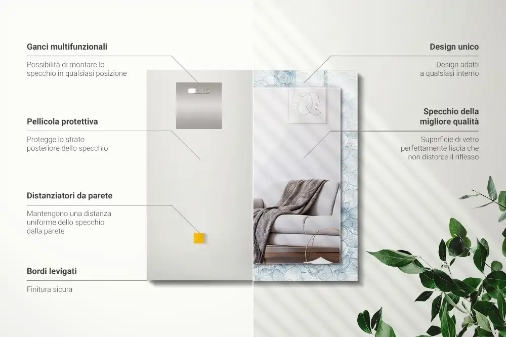 Specchio rettangolare stampato Motivo floreale blu