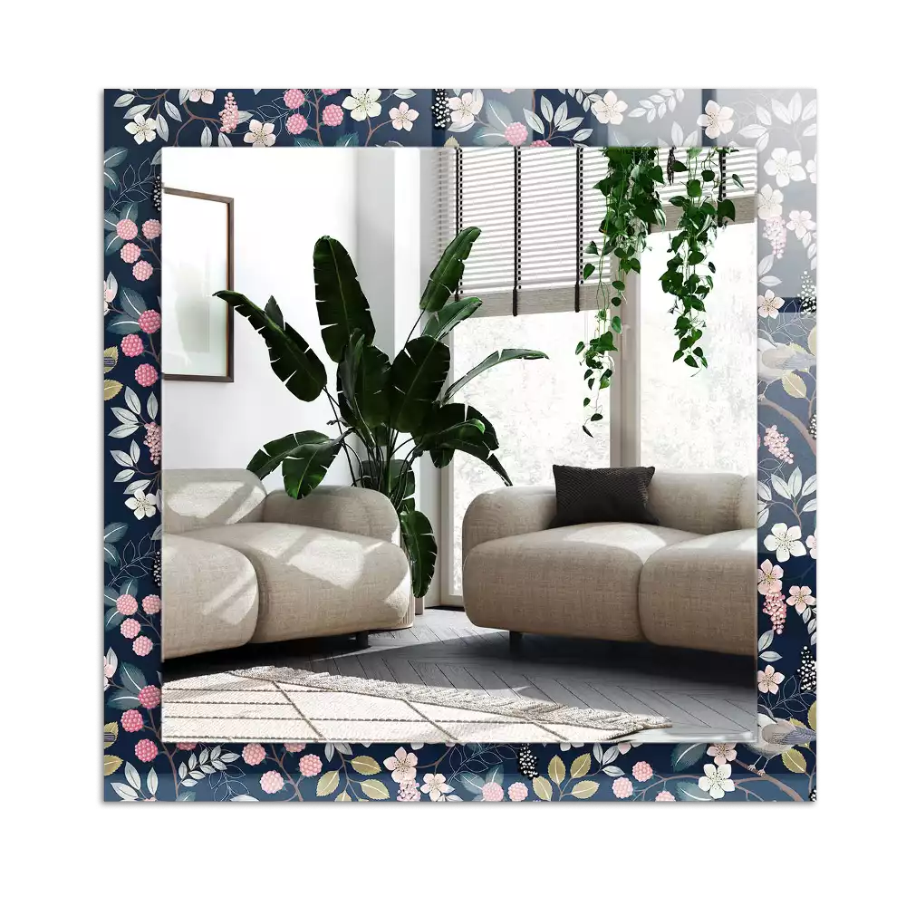Specchio rettangolare con cornice stampata Fiori foglie uccelli
