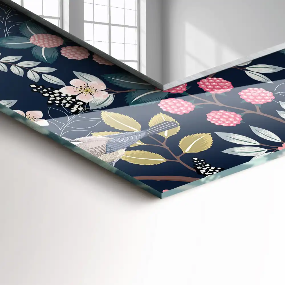 Specchio rettangolare con cornice stampata Fiori foglie uccelli