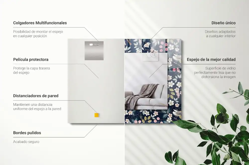 Specchio rettangolare con cornice stampata Fiori foglie uccelli