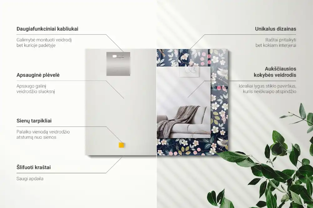 Specchio rettangolare con cornice stampata Fiori foglie uccelli