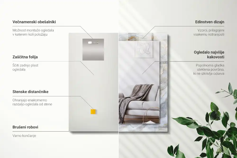 Specchio rettangolare con cornice stampata Trama con motivo in marmo