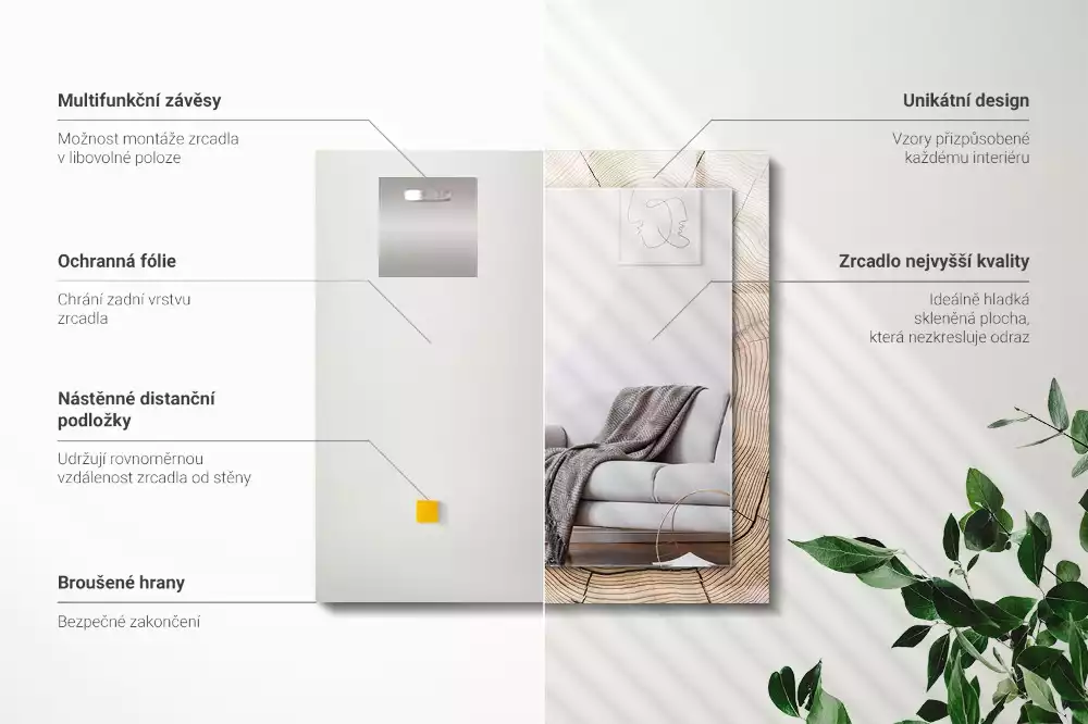 Specchio rettangolare con cornice stampata Sezione trasversale di un tronco d'albero