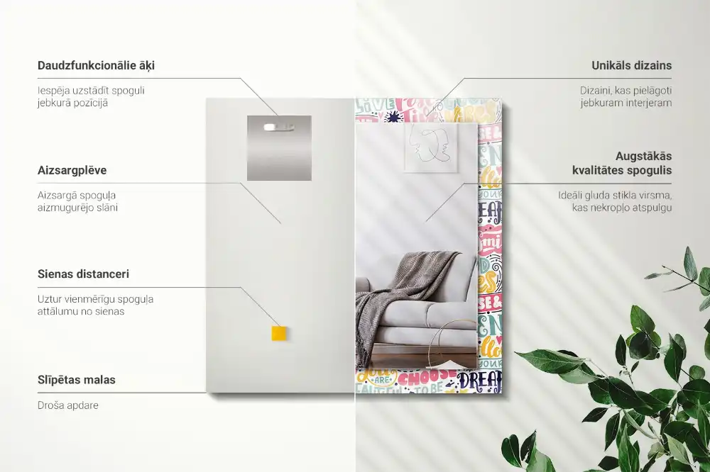 Specchio rettangolare con cornice stampata Iscrizioni motivazionali colorate