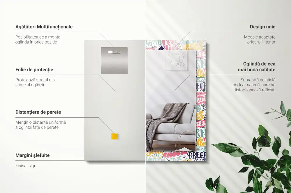 Specchio rettangolare con cornice stampata Iscrizioni motivazionali colorate