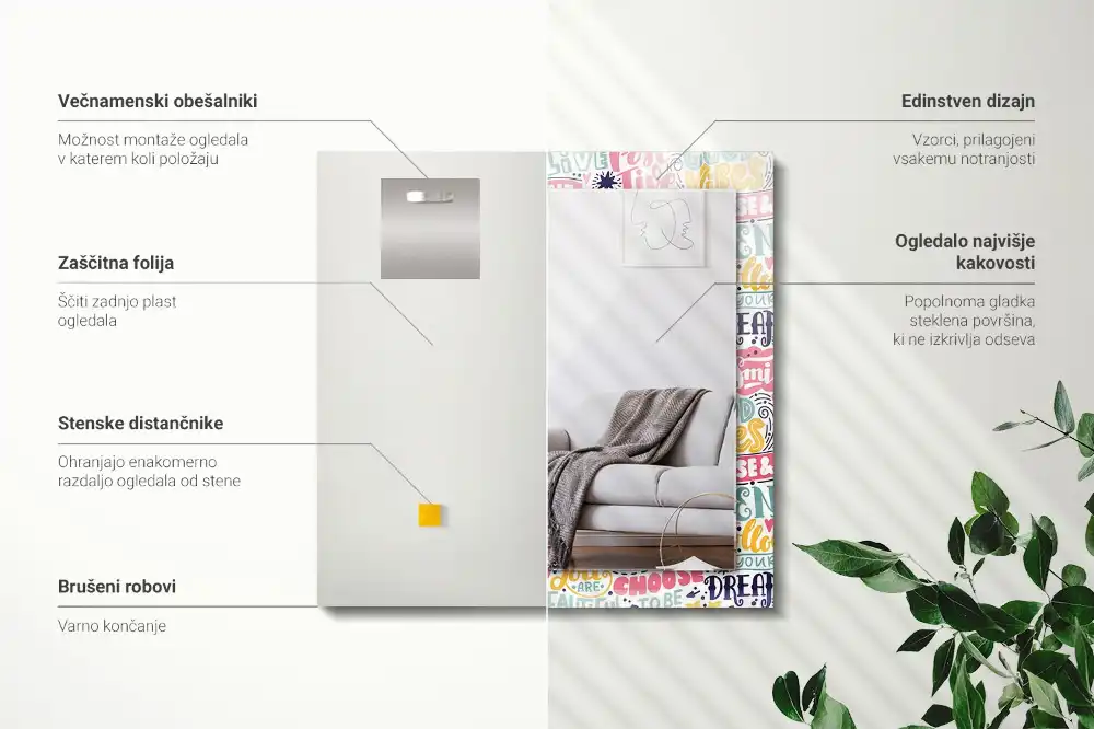 Specchio rettangolare con cornice stampata Iscrizioni motivazionali colorate