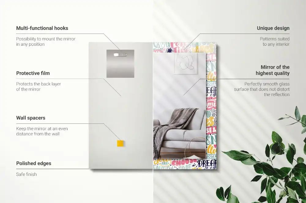 Specchio rettangolare con cornice stampata Iscrizioni motivazionali colorate