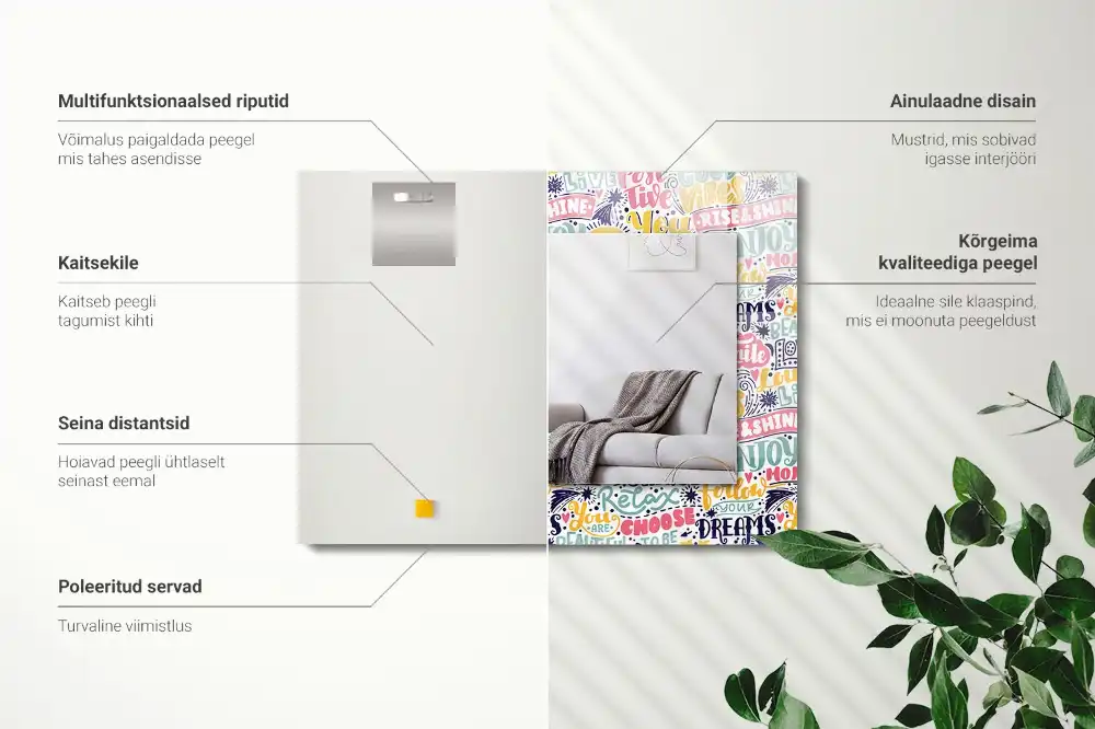Specchio rettangolare con cornice stampata Iscrizioni motivazionali colorate