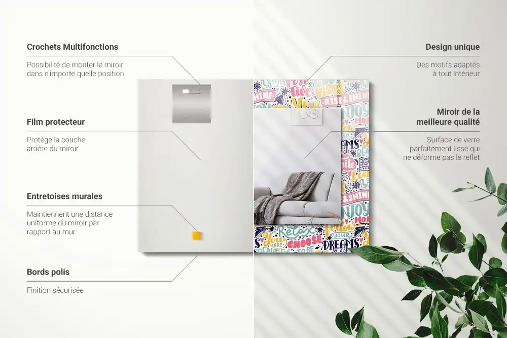 Specchio rettangolare con cornice stampata Iscrizioni motivazionali colorate