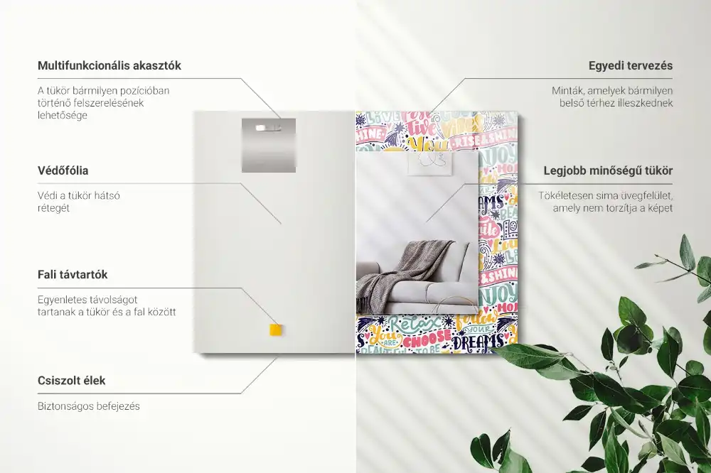 Specchio rettangolare con cornice stampata Iscrizioni motivazionali colorate