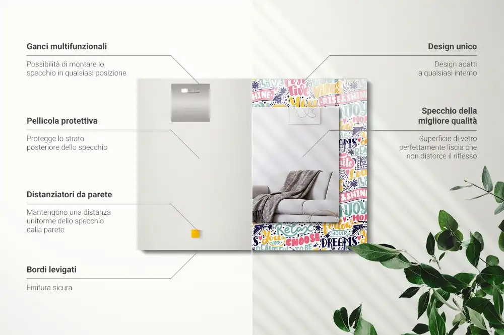 Specchio rettangolare con cornice stampata Iscrizioni motivazionali colorate