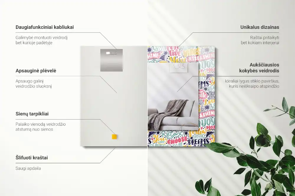 Specchio rettangolare con cornice stampata Iscrizioni motivazionali colorate