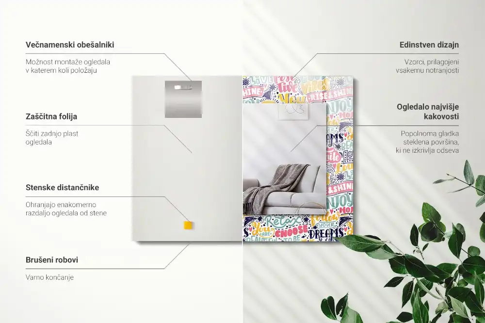 Specchio rettangolare con cornice stampata Iscrizioni motivazionali colorate