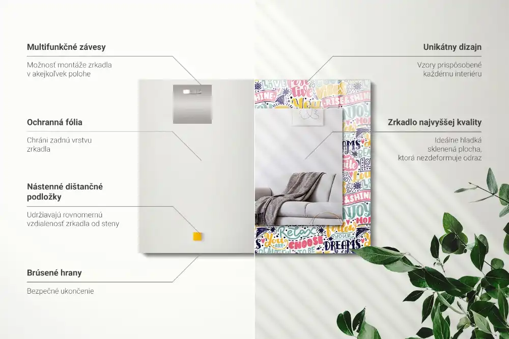 Specchio rettangolare con cornice stampata Iscrizioni motivazionali colorate